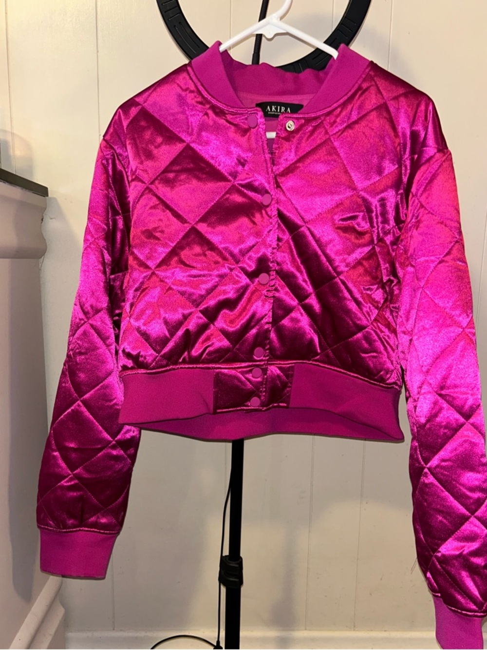 AKIRA Satin Quilted Hot Pink Cropped Bomber Jacket